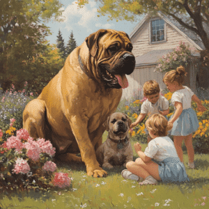 Boerboel running in the backyard, happily playing with children in a safe, enclosed space