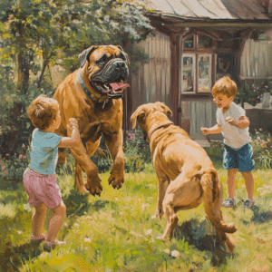 Boerboel walking with family members in a neighborhood, happily engaging with surroundings.