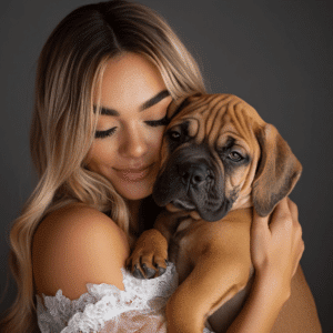 Boerboel puppy snuggling with its owner, showing affection and closeness.