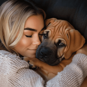 Boerboel puppy snuggling with its owner, showing affection and closeness.