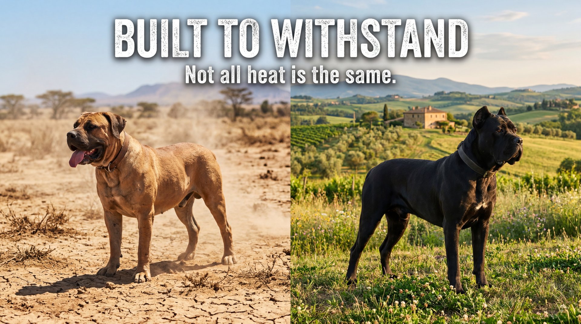 Boerboel vs Cane Corso: Two Mastiffs, One Choice 3 Boerboel standing on cracked South African earth under harsh sun versus Cane Corso in lush Italian vineyard — built to withstand different climates
