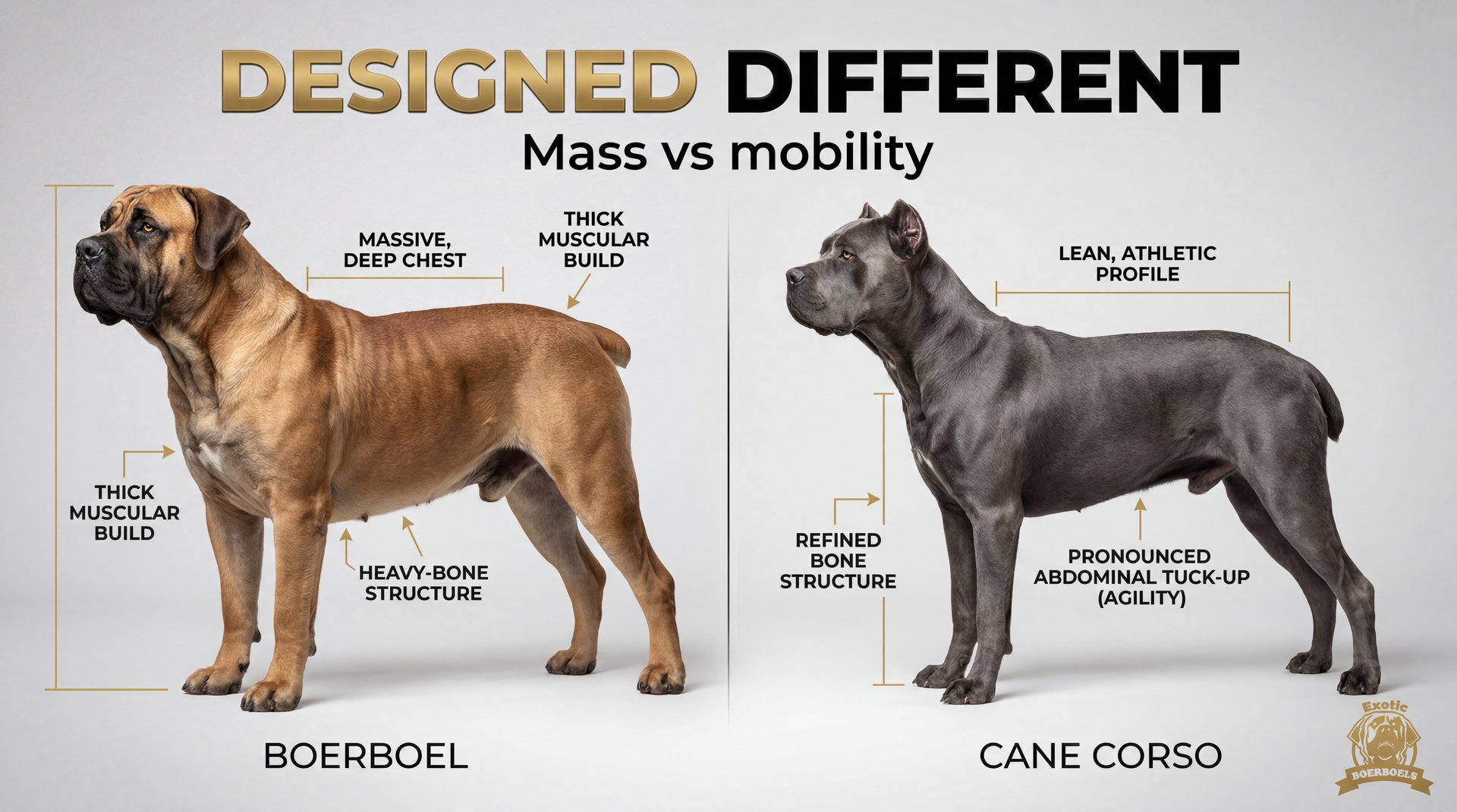 Boerboel vs Cane Corso: Two Mastiffs, One Choice 7 Boerboel showing thick muscular build, massive deep chest and heavy bone structure compared to Cane Corso lean athletic profile, refined bone structure and pronounced abdominal tuck-up for agility