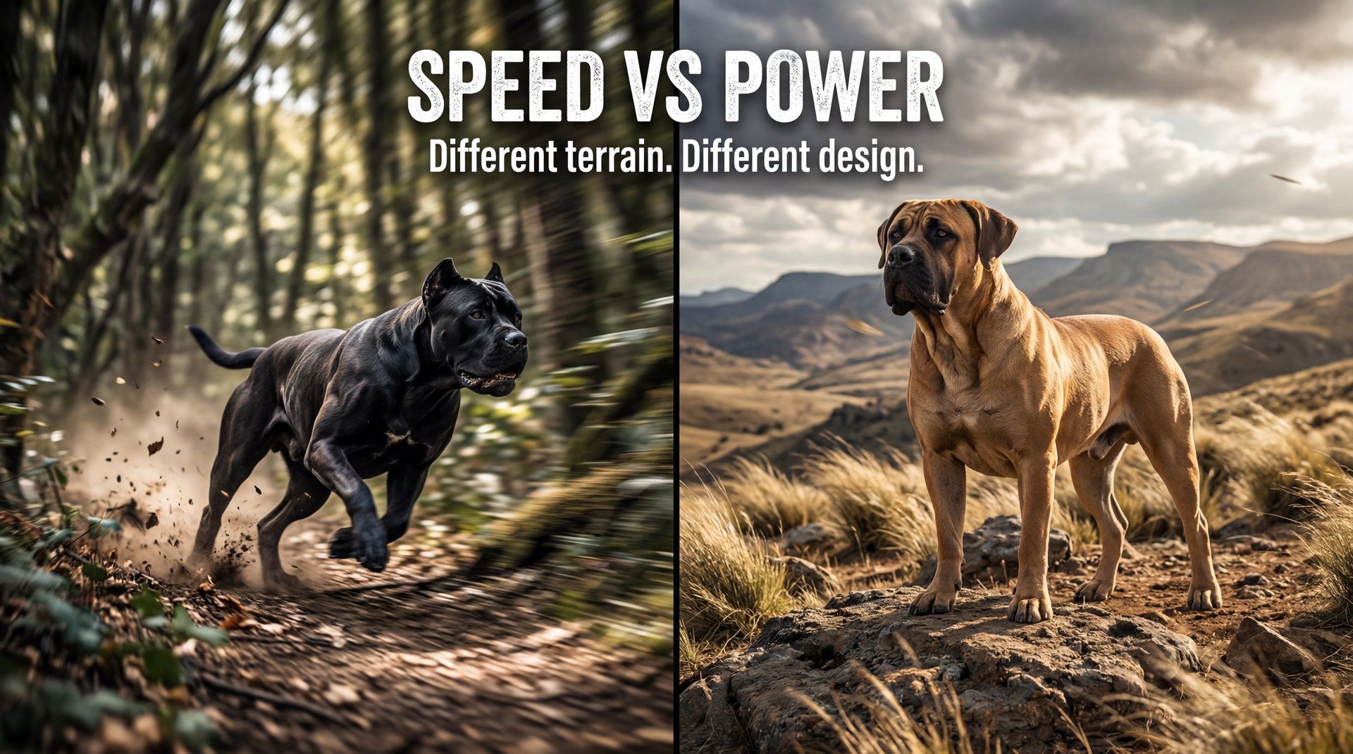 Boerboel vs Cane Corso: Two Mastiffs, One Choice 2 Cane Corso sprinting through forest versus Boerboel standing powerfully in South African rocky terrain — speed vs power comparison showing different physical designs