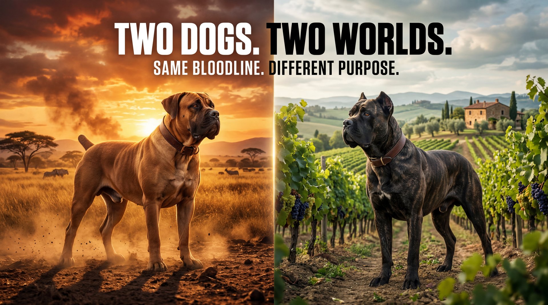 Boerboel vs Cane Corso: Two Mastiffs, One Choice 1 Boerboel vs Cane Corso — Boerboel in golden African savannah versus Cane Corso in Italian vineyard, two dogs two worlds, same ancient bloodline different purpose
