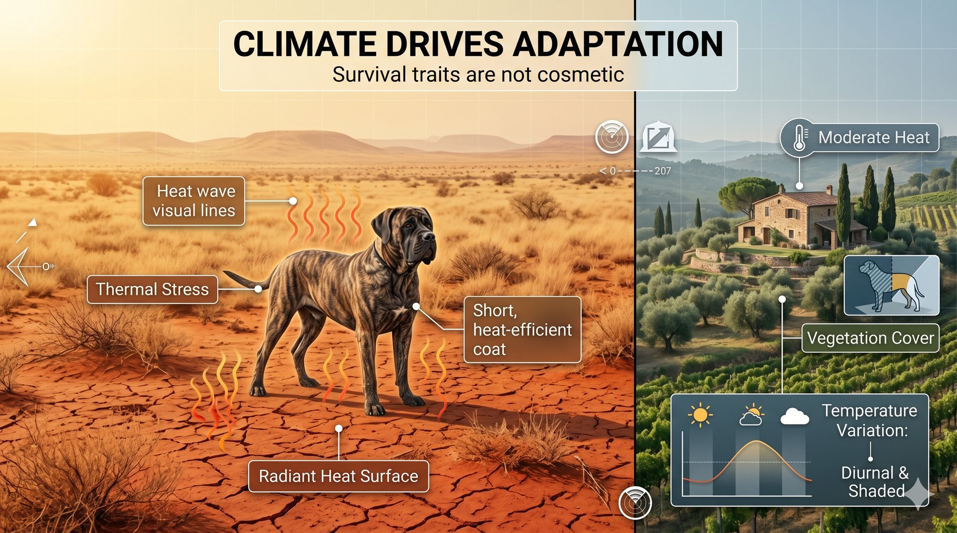 Boerboel vs Cane Corso: Two Mastiffs, One Choice 4 Climate drives adaptation infographic showing Boerboel with short heat-efficient coat in South African desert heat with thermal stress and radiant heat surface labels versus Italian Mediterranean climate