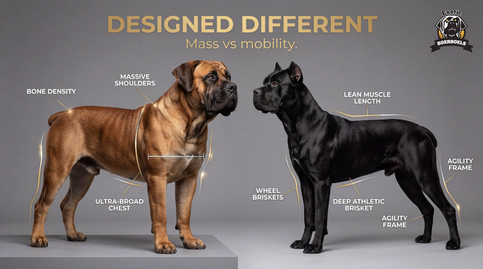 Boerboel vs Cane Corso: Two Mastiffs, One Choice 6 Boerboel versus Cane Corso anatomy comparison showing bone density, ultra-broad chest and massive shoulders versus lean muscle length, agility frame and deep athletic brisket — mass vs mobility