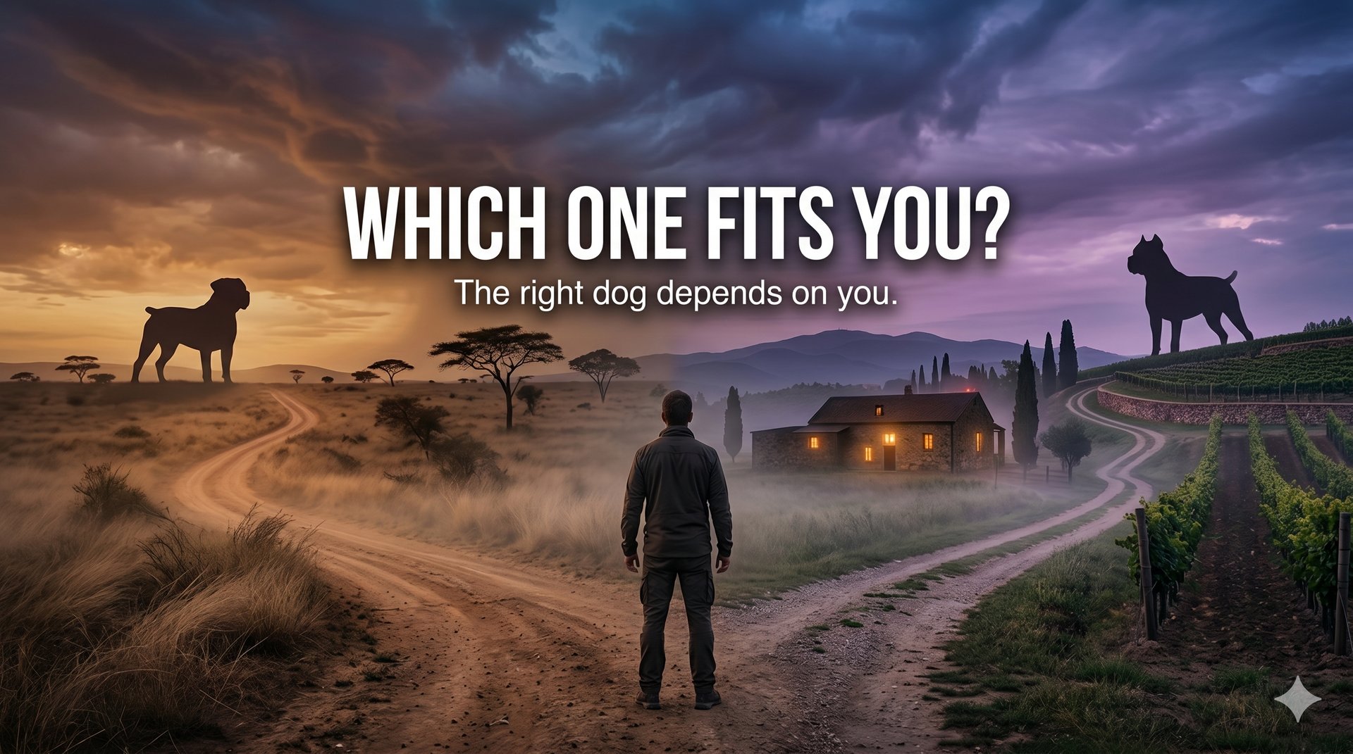 Boerboel vs Cane Corso: Two Mastiffs, One Choice 8 Man standing at crossroads between African savannah and Italian vineyard with Boerboel and Cane Corso silhouettes — which breed is right for you depends on your lifestyle, experience, and commitment